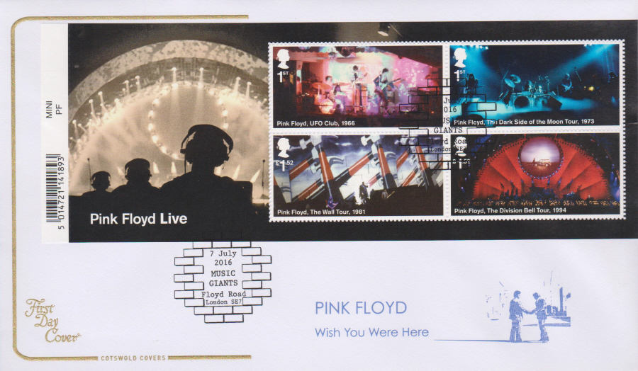 2016 - Pink Floyd, COTSWOLD Minisheet First Day Cover, Music Giants, Floyd Road, London SE7 Postmark